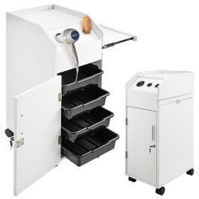 VEVOR Salon SPA Beauty Hairdressing Cart White Storage Trolley with 4 Drawers Rolling Wheels Lockable 2 Keys w/Hairdryer Holder Space-Saving Side Tray