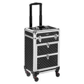 Aluminum Rolling Makeup Train Case, Portable Makeup Organizer Suitcase, Cosmetic Storage Box, Travel Beauty Luggage Trolley (Color: black)