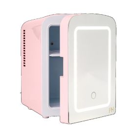 Paris Hilton Mini Refrigerator and Personal Beauty Fridge, Mirrored Door with Light, 4 Liter, Pink (Color: Pink)